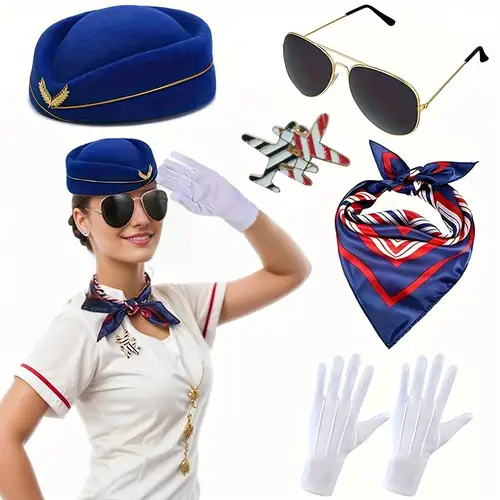 Set Accessori Cosplay Hostess Volo - 4 Pezzi, Con Cappello, Sciarpa, Guanti E Occhiali - Foto 10