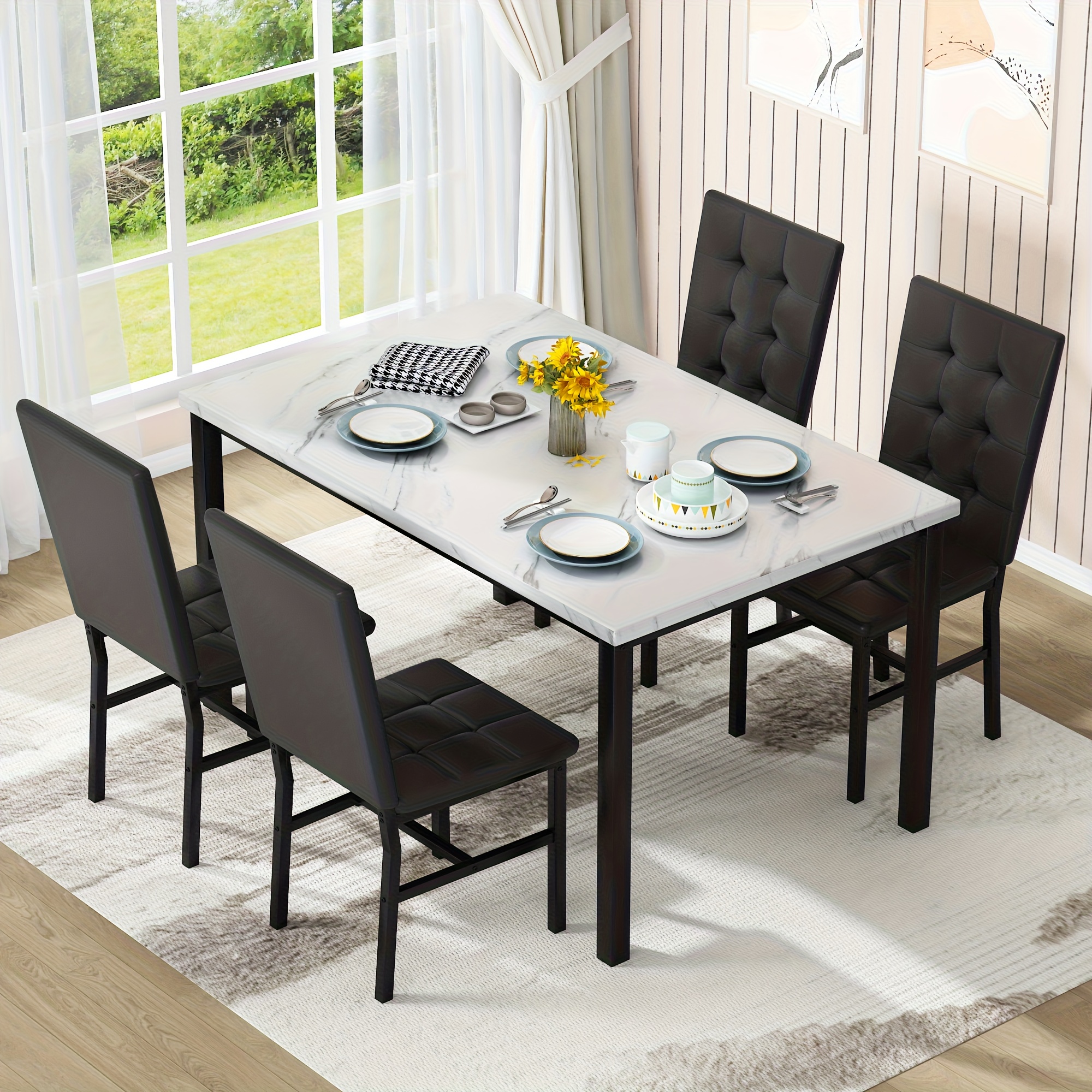LAMERGE 5pcs Of Dining Table Set, Dining Room Table Set Can Be Used By 4 People, Kitchen Table Set, 1 Artificial Anti-marble Pattern Table And 4 Metal Legs Chairs, Suitable for Living Room, Dining Room, Kitchen Furniture