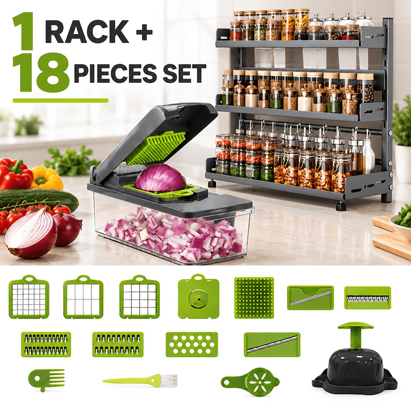 Image of 3-tier Metal Spice Storage Rack For Kitchen Counter, Bonus Free 18-in-1 Multifunctional Vegetable Chopper, Space-saving Seasoning Jar Organizer For Home Kitchen