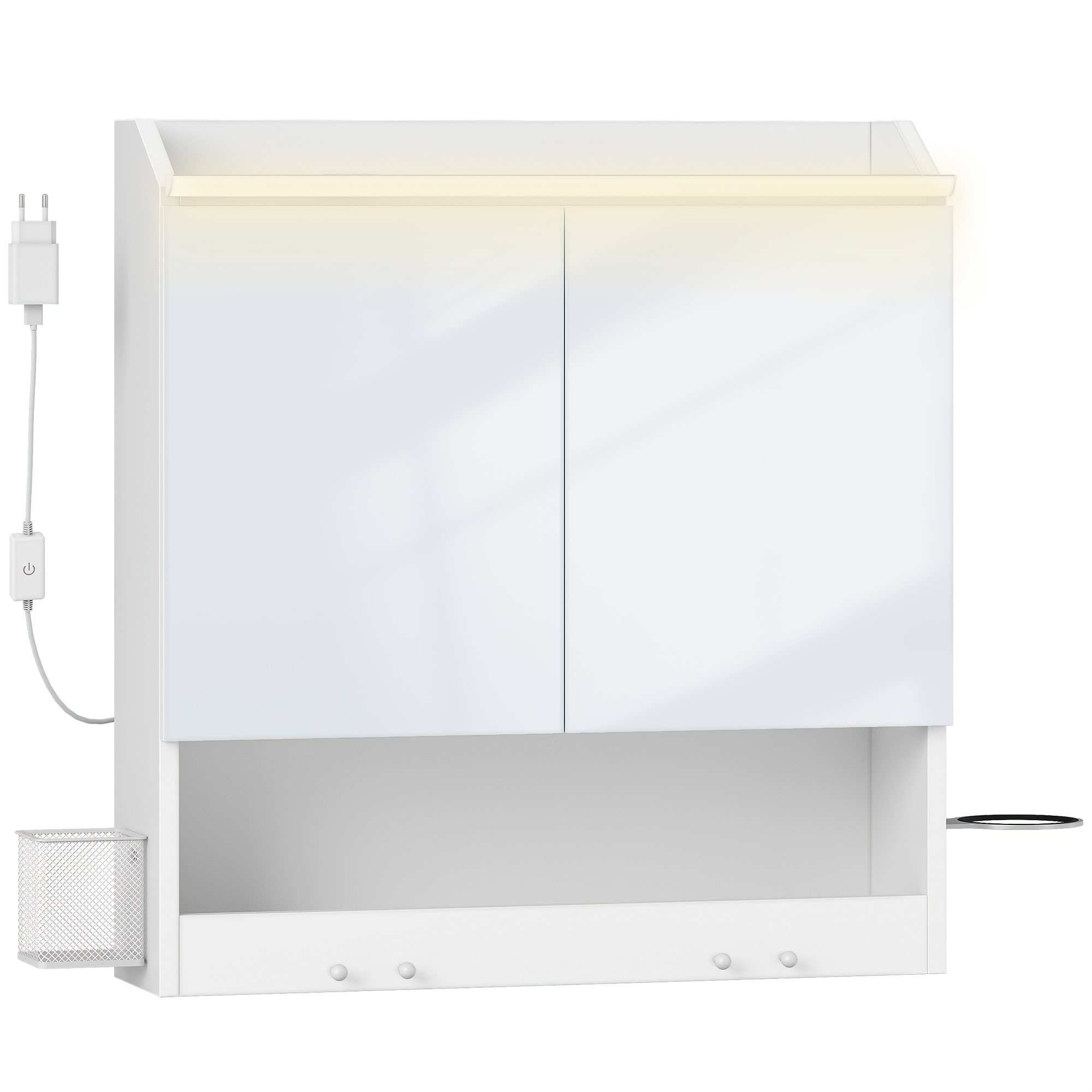 Bathroom Mirror Cabinets With Led Light, Wall Mounted Storage Cabinet With 2 Mirrored Doors And Open Compartment, Wall Mounted Storage Cupboard, Adjustable Shelves, White, 15 X 60 , 5 Cm