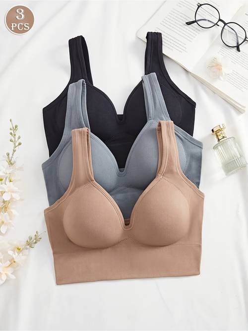 3pcs set solid color womens fixed cup simple and elegant seamless bra wire free wide shoulder pads 1pc cups bra sports bra lingerie