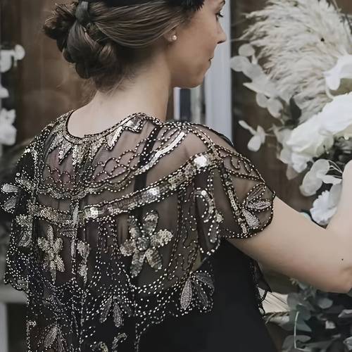 Artikelbild eleganter paillettenbestickter blumenschal - atmungsaktiver spitzenumhang für frauen, vintage-inspirierter glitzer-schal für abendpartys & abschlussbälle