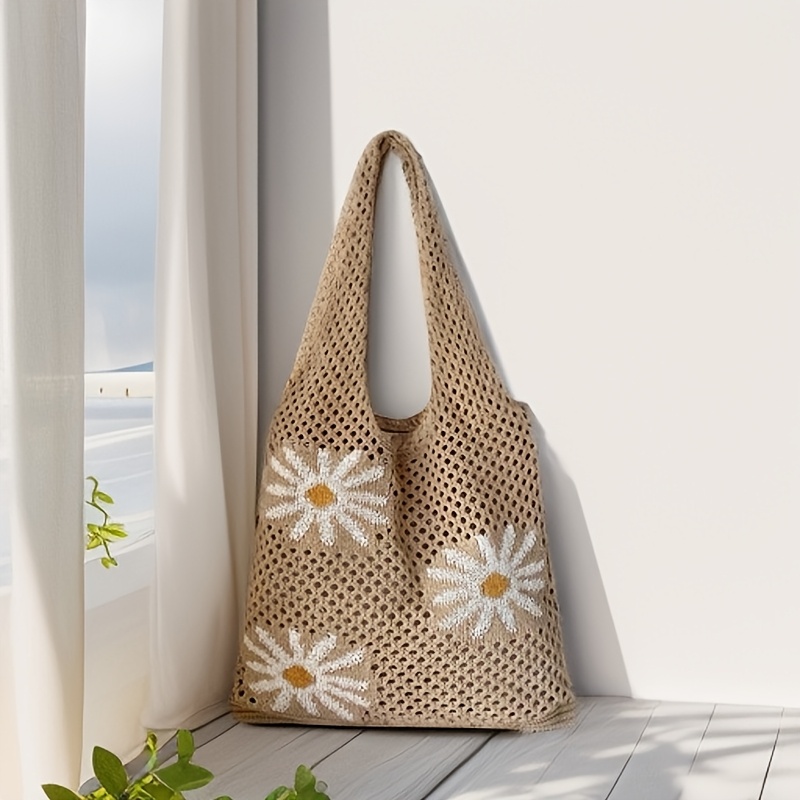 A Knitted Bag With Chrysanthemum Pattern, Featuring Partial Jacquard Chrysanthemum Weaving Craft, Women's Shoulder Bag, Made Of Polyester Material
