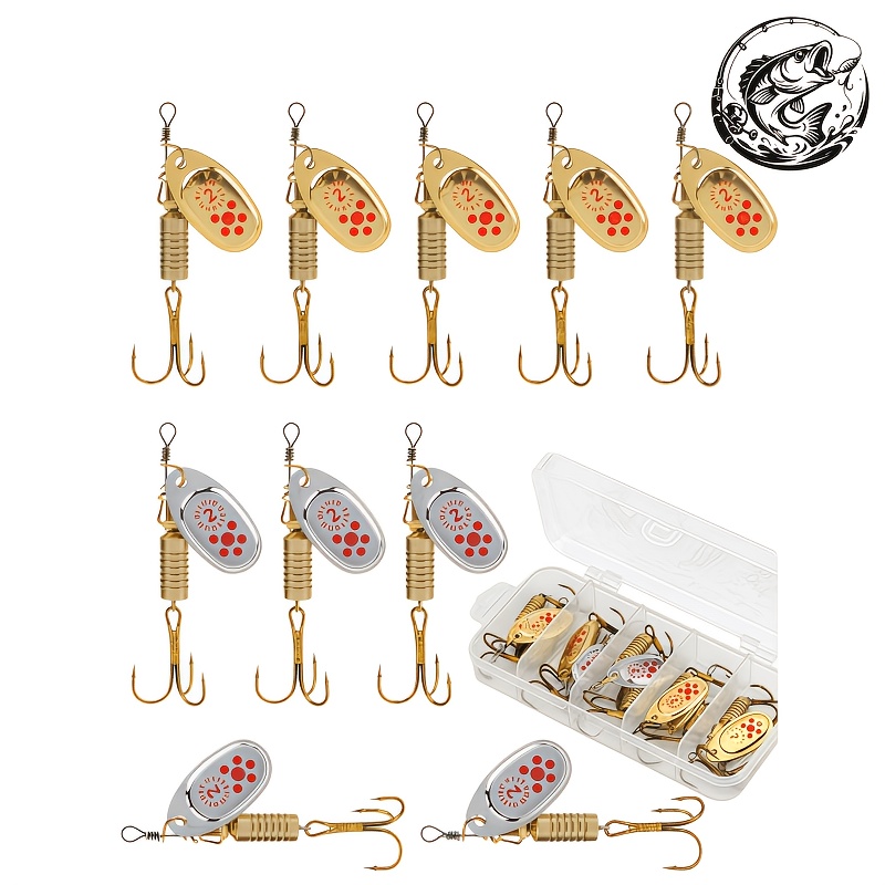 E-shop 10 Stück Rotierende Spinner Angelköder, Goldene & Silberne Pailletten Harte Köder mit Dreibacken für Barsch Forelle Hecht