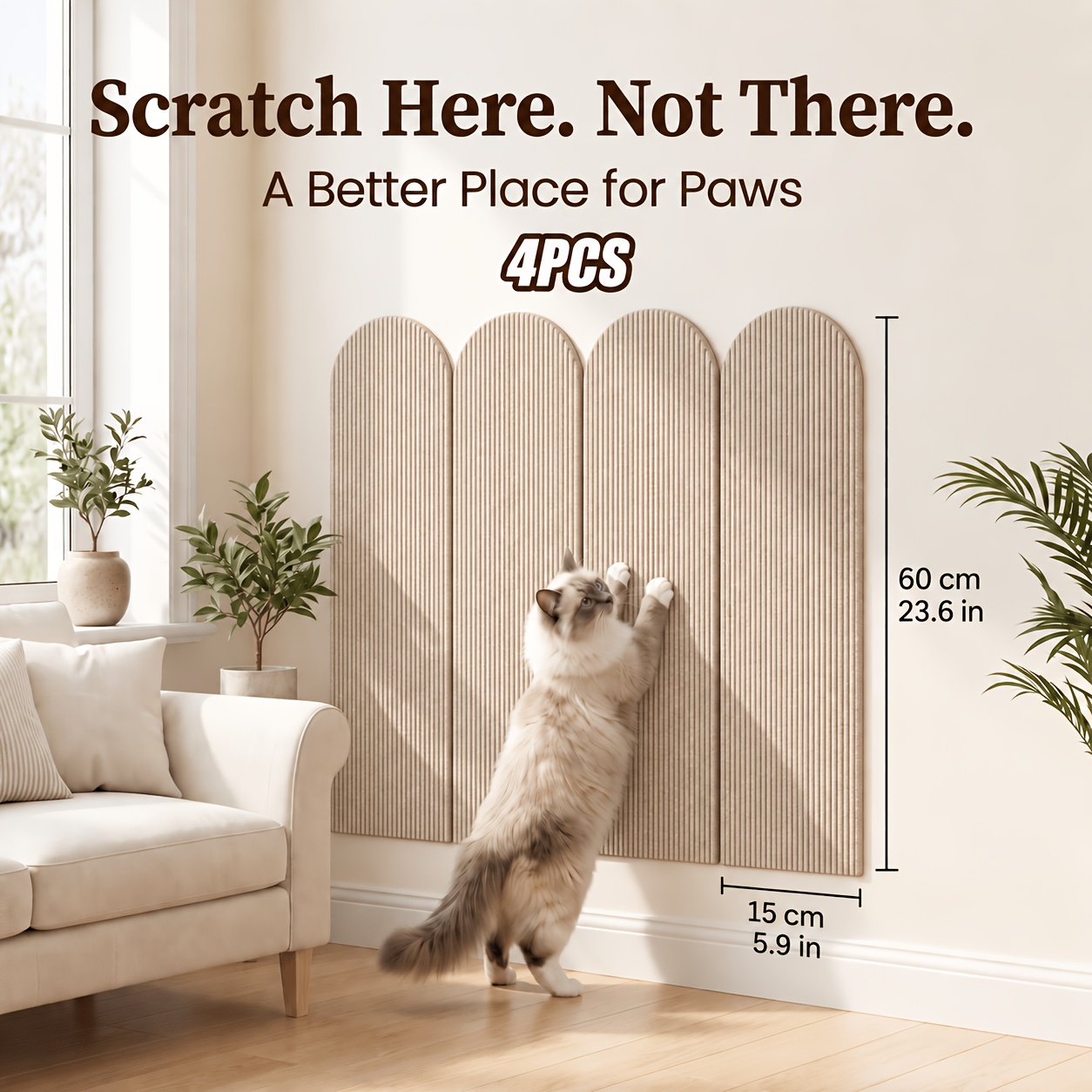 TEMU 4pcs Set 15 X 60cm Self-adhesive Curved Cat Scratching Boards Wall-mounted Cat Scratching Mats Thickened Striped Felt Material Light Luxury