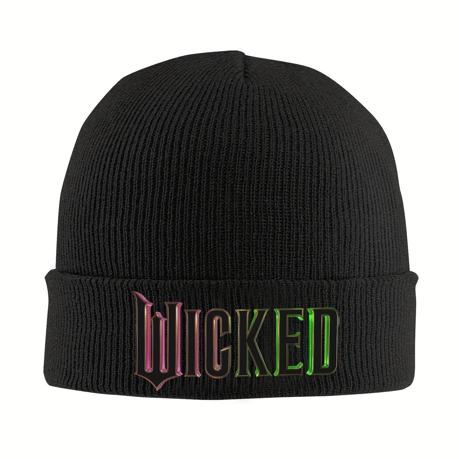 

1pc Movie-inspired Funky Knit Beanie Hat – Black Ski Cap With Neon Green & Pink Embroidery, Warm Acrylic Material For Men And Women, Winter Sports, Winter Hat