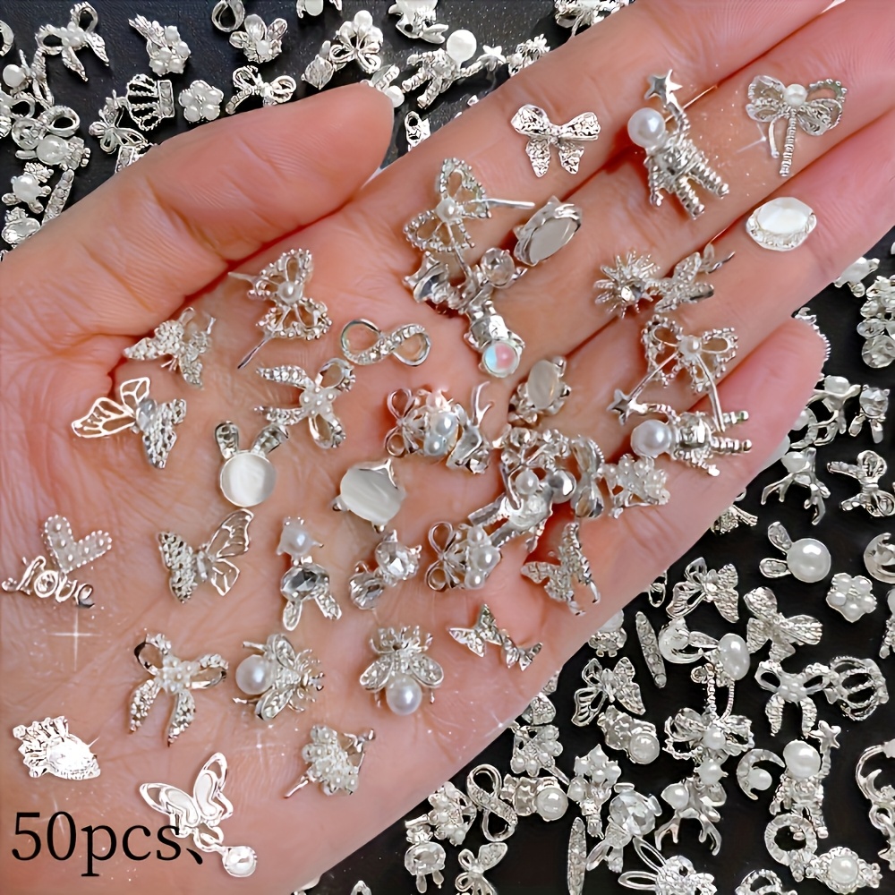 TEMU 50pcs Hybrid Luxury Alloy Pendant Set: With , And Golden, Black Pendants For Stylish Nail Art