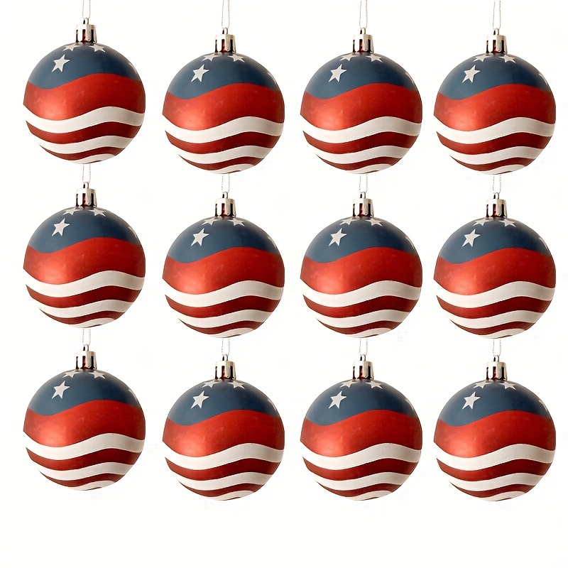 Image of 12pcs 2.36" (60mm) Patriotic Christmas Ball Ornament, American Flag Hanging Ball, Usa Day Ball Party Decor, Holiday Wedding Christmas Tree Decorations