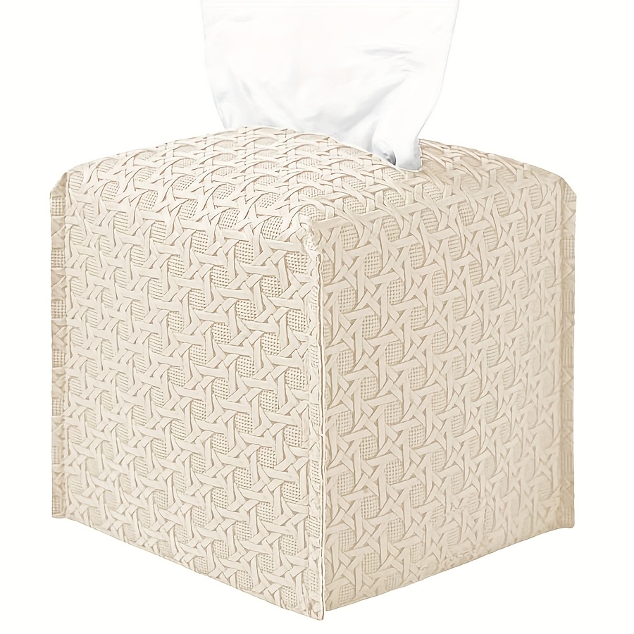 Image of Elegant Natural Faux Leather Tissue Box With Rattan Weave Pattern – Stylish Square Room, Dining Area, Bathroom, Or Car – Easy To Clean, Large Diameter For Smooth Access