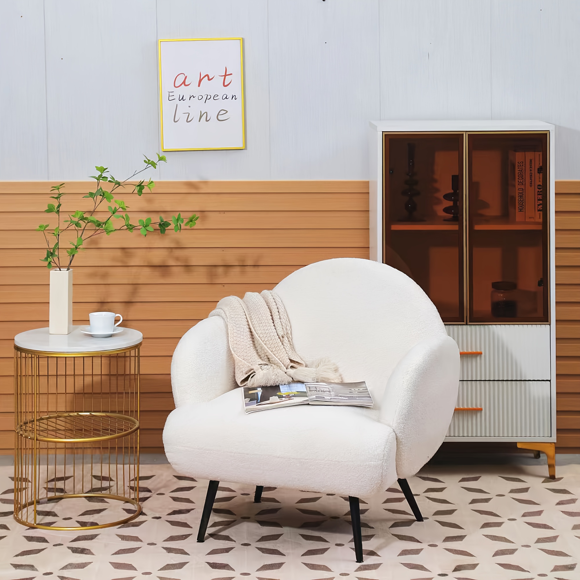 Image of Dyhome 1pc Sherpa Accent Chair White Bedroom Reading Chair Comfortable Living Room Chair Cute Furry Fabric Tufted Teddy Modern Side Arm Chair With Golden Metal Legs (white).