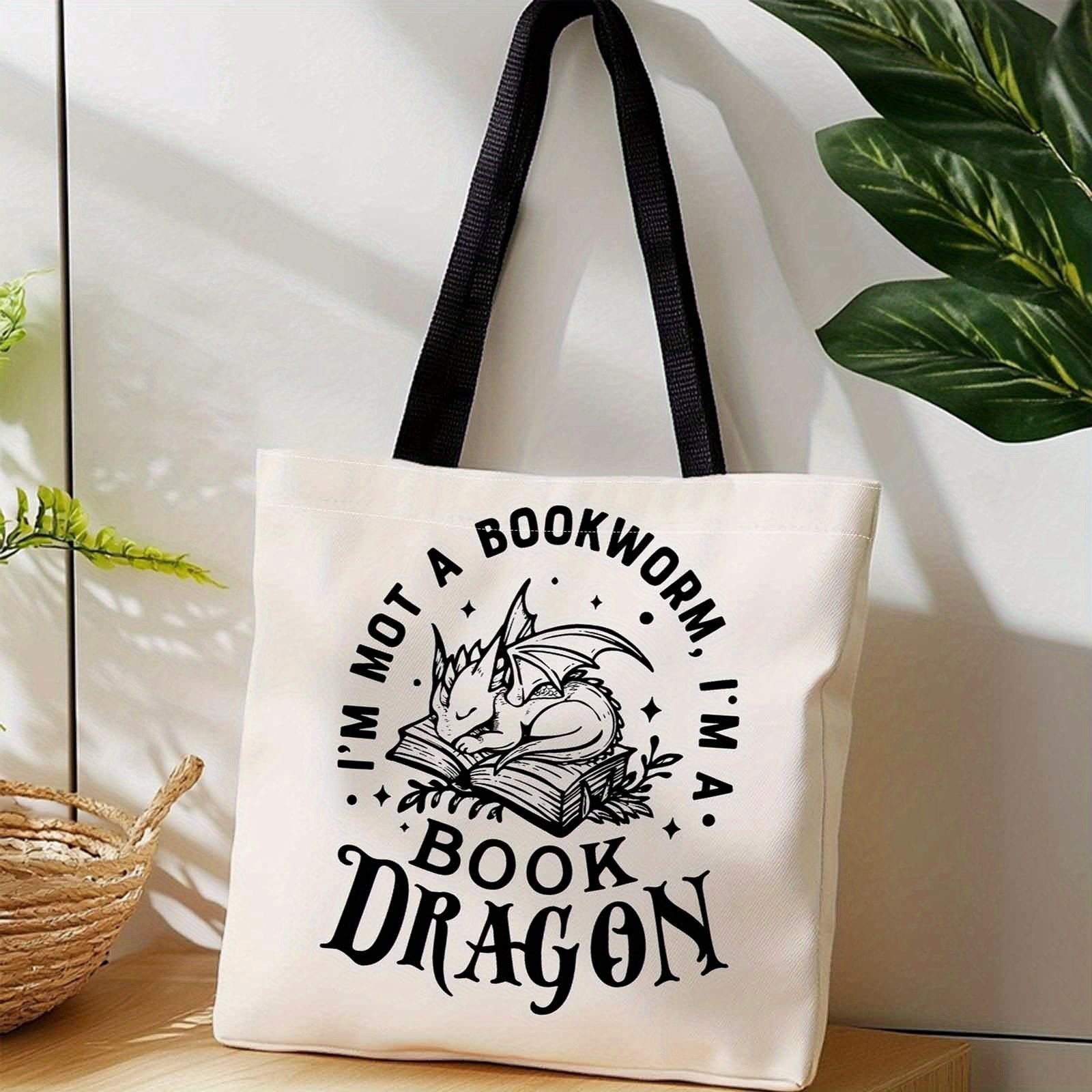 TEMU Book Dragon Tote Bag - Dragon-themed Book Carrier Suitable For Travel, & Gifts, Bag With Dragon Design For Book Lovers, Multifunctional Handheld