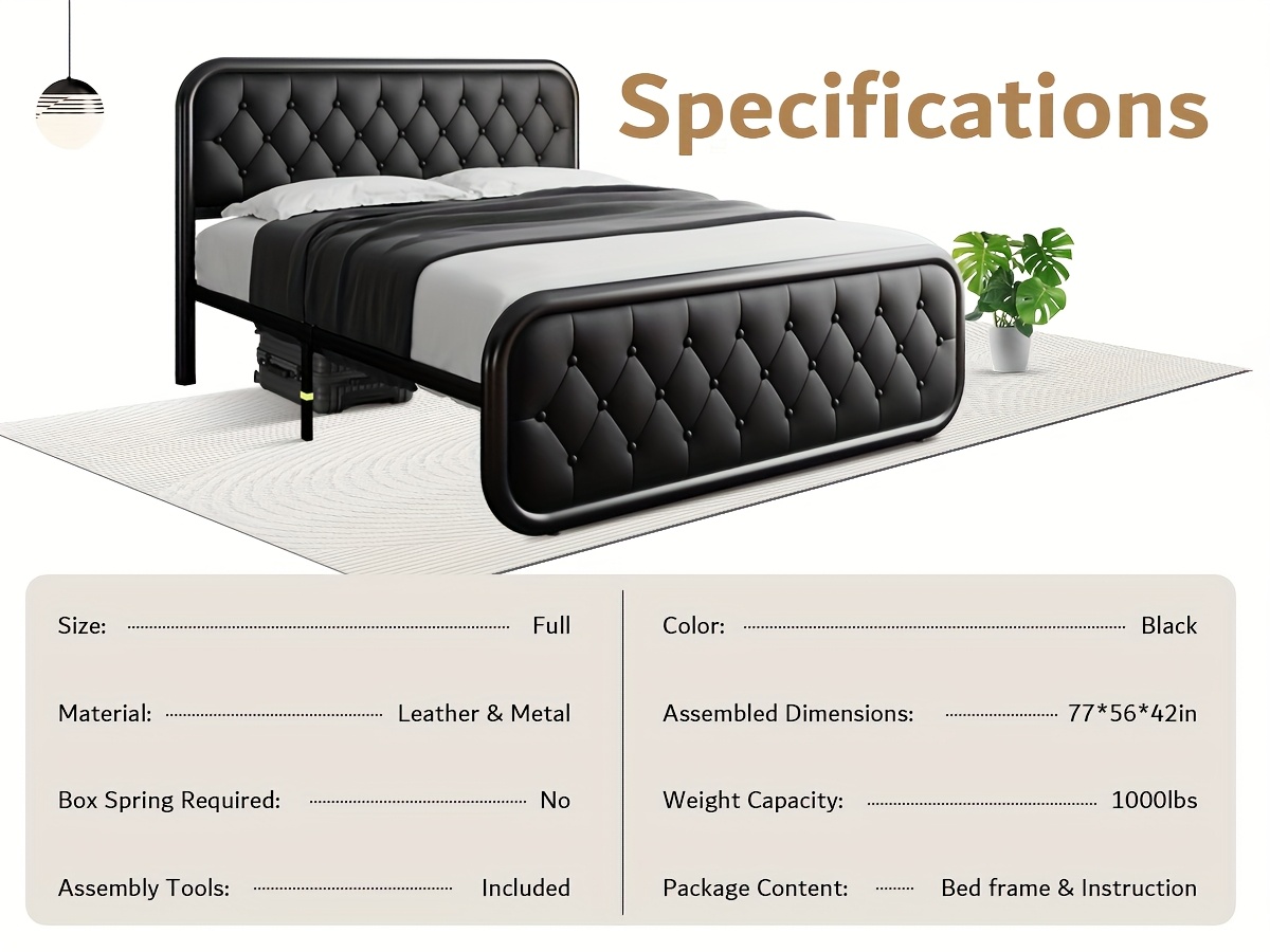 Metal Bed Frame, Platform Bed Frame with Faux Leather Headboard, Heavy-Duty Thicker Metal Steel Slats Support, 12'' Under-Bed Space, Easy Assembly