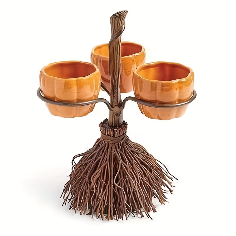TEMU Halloween Decorative Resin Pumpkin Cup Separator With Broom, 3d Stereoscopic Craft Effect, Tabletop Mounting, Multipurpose Use, No Text Language