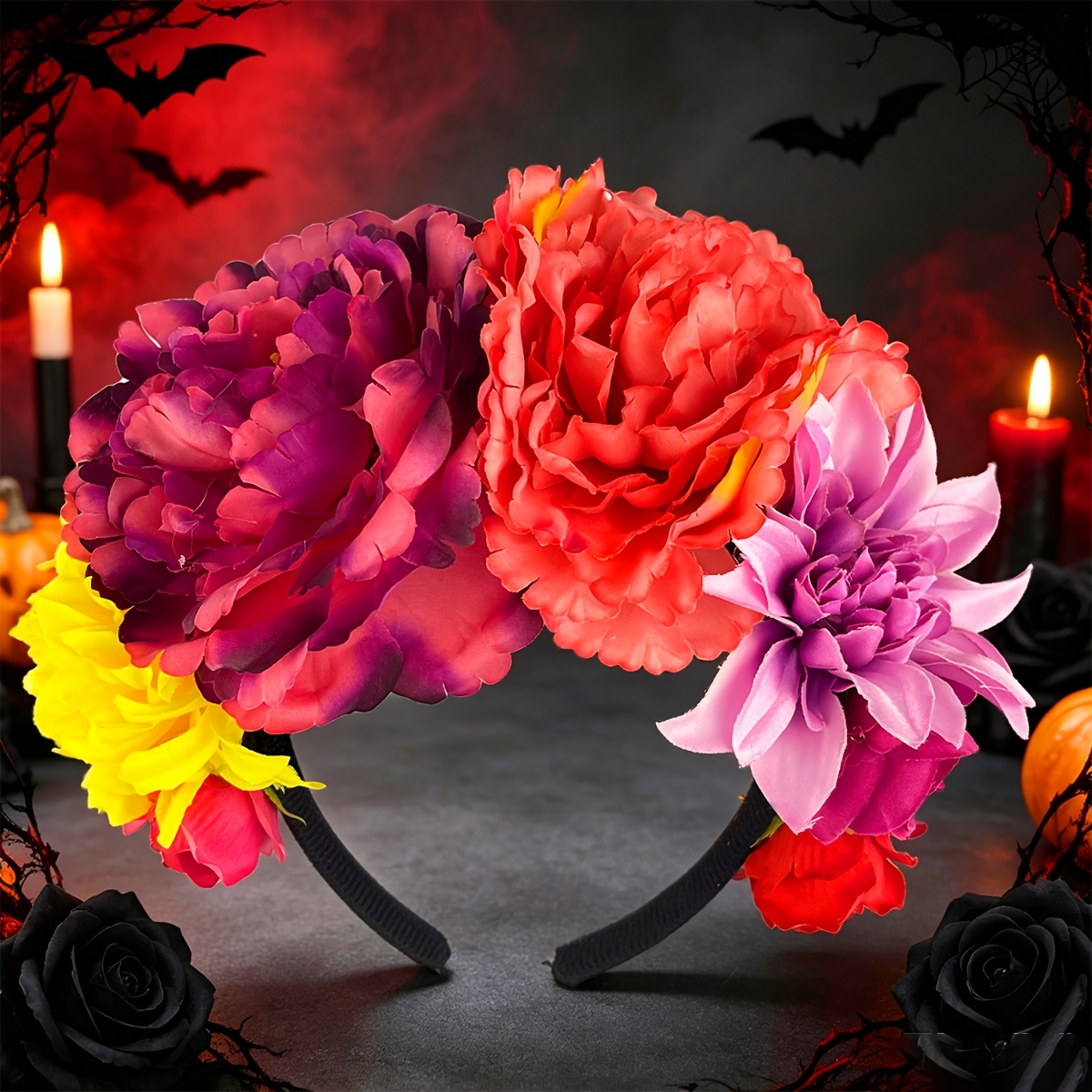 TEMU de Halloween realista de gran tamaño con cabeza de flor de peonía, floral retro con bloques de color , corona de rosas mexicana para carnaval de