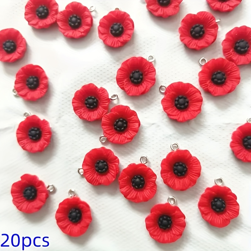E-shop 20 Stk. Rote Mohnblumen-Anhänger - 19mm Lebendige Rot Harzanhänger mit Schwarzem Mittelpunkt & Grünen Blättern, DIY Schmuckherstellungszubehör