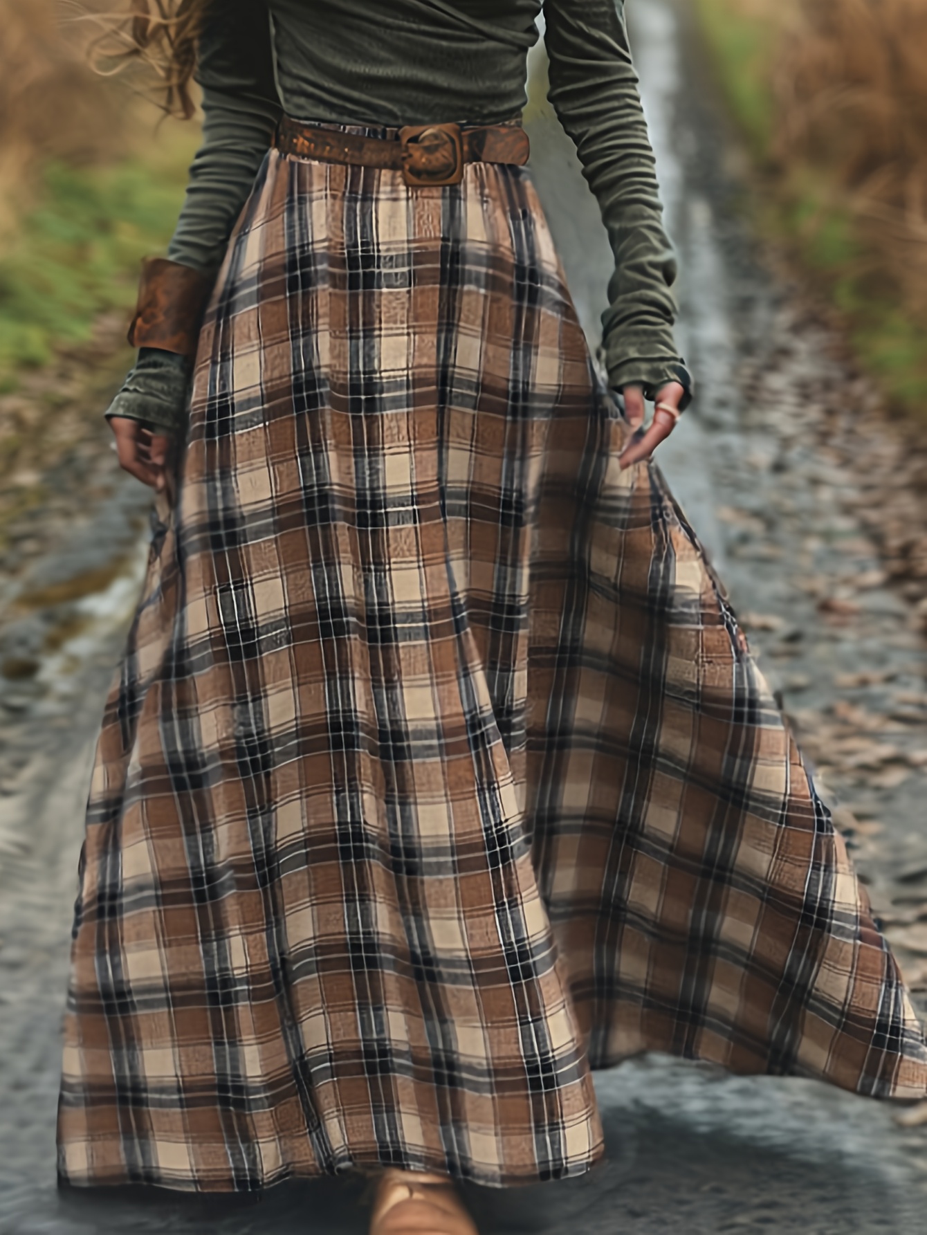 Women's A-Line Long Skirt Double-Color Plaid Design (Brown/Beige),  Machine Washable Non-Stretch Fabric for Spring Fall, Versatile Casual to 