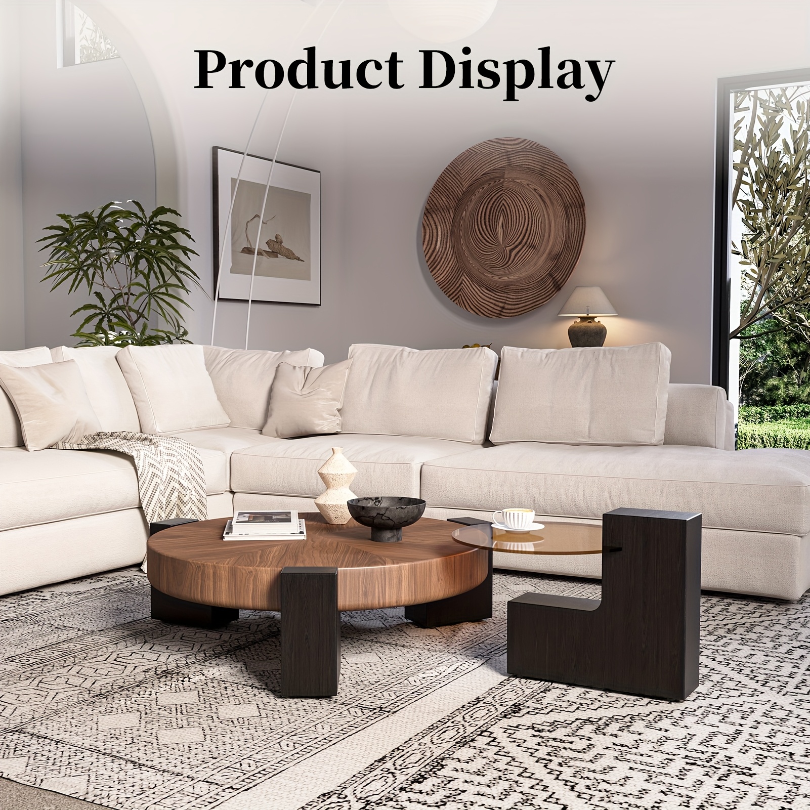 2pcs Set of Modern Round Wood Coffee Table with Geometric Leg Design