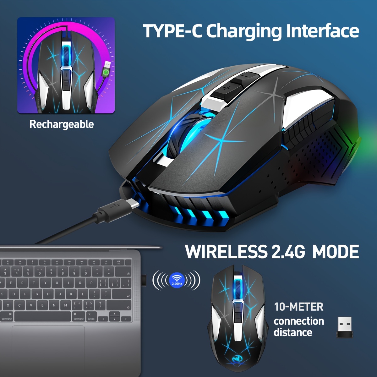 Raton USB Luz Led Azul 2400DPI Mouse Optico para PC MAC Gaming Juegos Negro