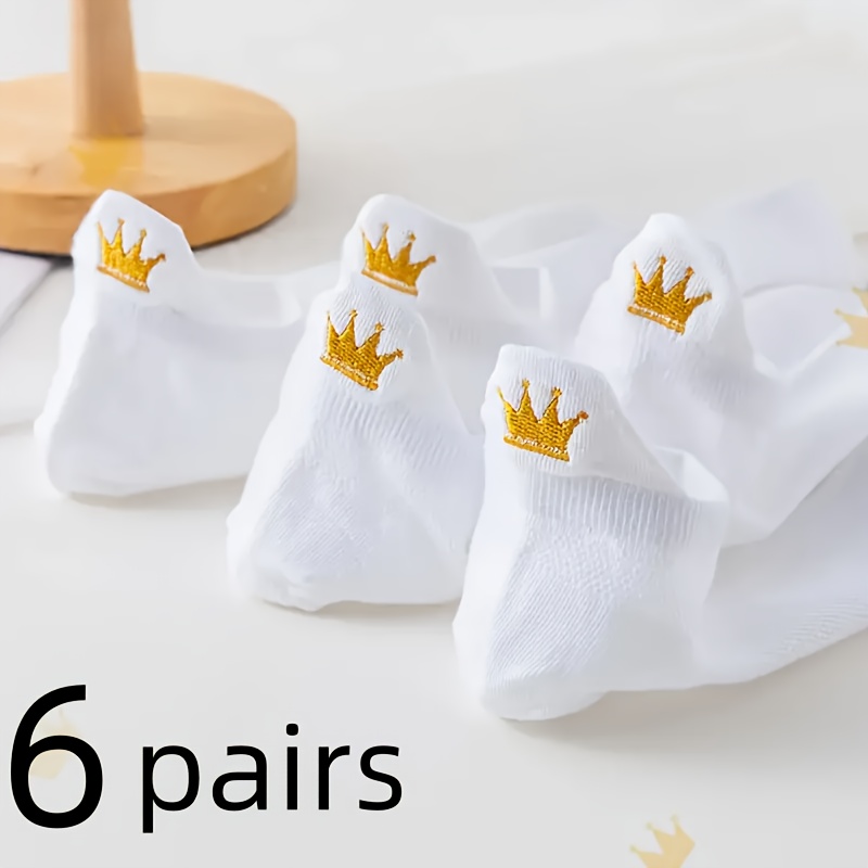 E-shop 6 Paar Damen Socken Bestickte Krone Weiß Frühling Sommer Low Cut Kurze Socken Koreanischer Stil Schweißabsorbierend Ins Women's Trendy Socken