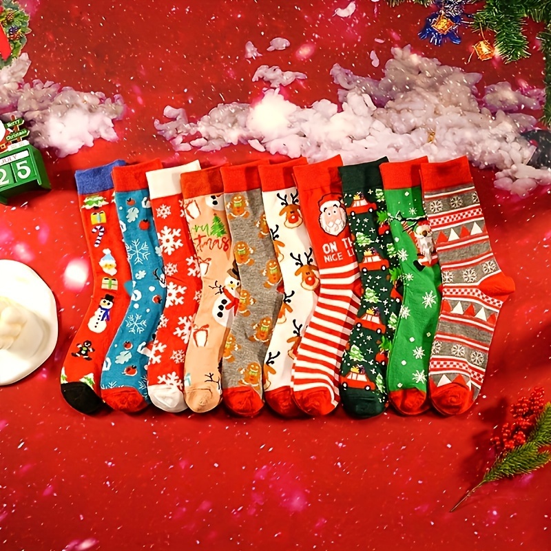 TEMU 10 Pairs Men's & Women's Christmas Santa Striped Long Socks, Warm & Moisture-wicking, Polyester & Spandex, Machine Washable, Holiday Knit Fabric, Unisex Gift