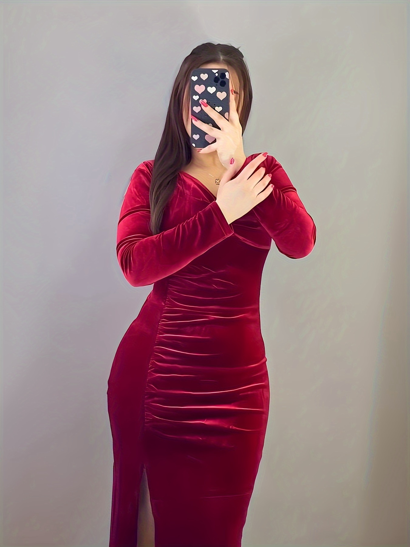 red bodycon velvet dress Red Velvet Long Sleeve Ruched Glitter Bodycon Dress Large main image 0