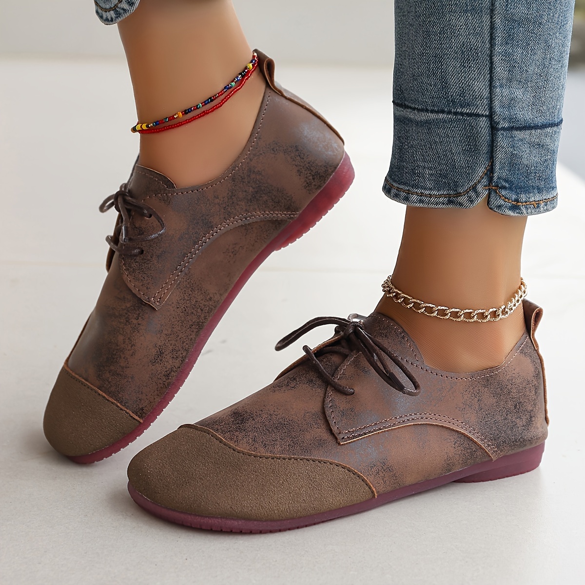 

Elegant Women's Flat Shoes - Lightweight, Slip-on With Lace-, Round Toe, Faux Cover Upper & For All