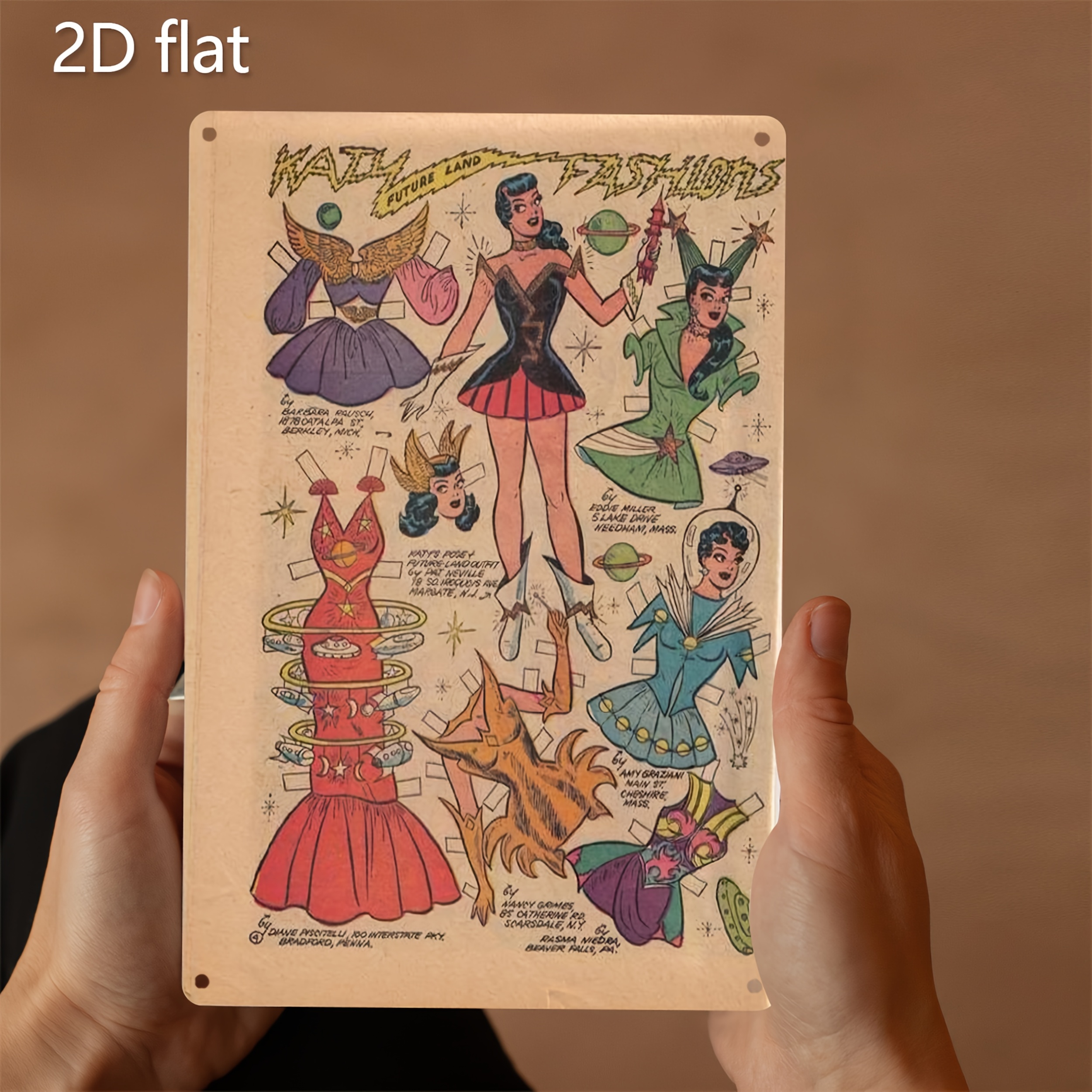2D Flat, 1pc Vintage Paper Dolls Metal Wall Art - Colorful 2D Flat Iron Decor with Pre-Drilled Holes, Weather-Resistant for Home, Office, Indoor/Outdoor Spaces (19.99x29.97cm),   Room Decor, Home Decor Accent | Whimsical Decor | Detailed Illustrations,   Room Decor, Room Decor