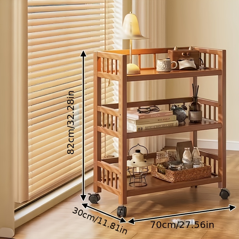 TEMU Bamboo 3-tier Rolling Utility Shelf - Heavy-duty Wooden Storage Cart With Shelves, Space- Rolling Bookcase For Home, Office, Organization And