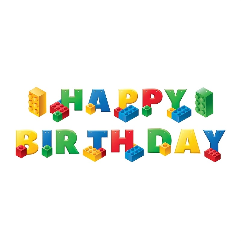 Image of 1 Building Block Theme Happy Birthday Banner, Paper Party Decoration, No Power Required For Birthday Celebrations