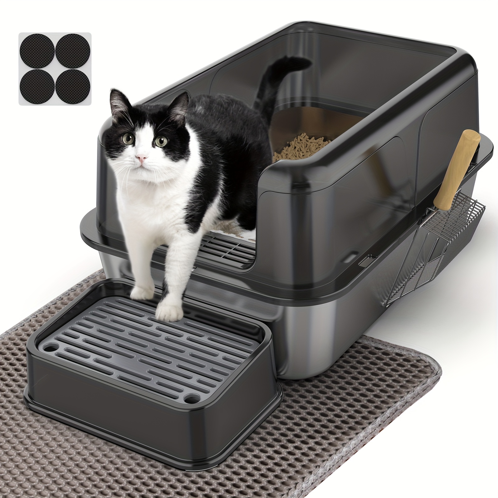 Image of Xxl Stainless Steel Cat Litter Tray With Detachable Enclosure, 32l Large Capacity, Complete With Xxl Cat Litter Mat, Metal Cat And Stairs For Senior Cats, Suitable For All Cats