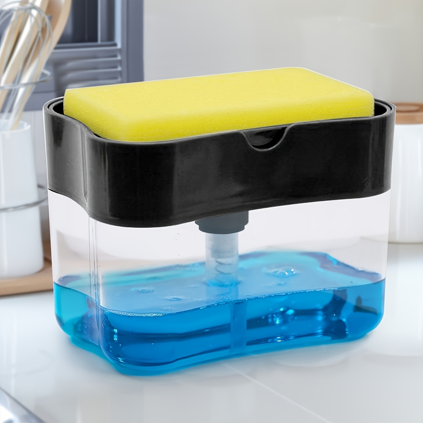 TEMU 1pc Dish Soap Dispenser And Sponge Holder, Soap Pump Sponge Caddy, Metallic Silvery For Kitchen Sink, No Sponge, 4.5in X 2.5in X 0.7in, 167.83g