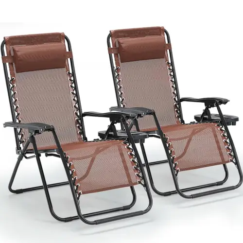 Zero Gravity Chair Set of 2, Folding Reclining zero gravity recliner lounge Chair 330lbs with Pillow and Cup Holder Trays, Steel Mesh outdoor recliners for patio Poolside Backyard Beach (Gray)