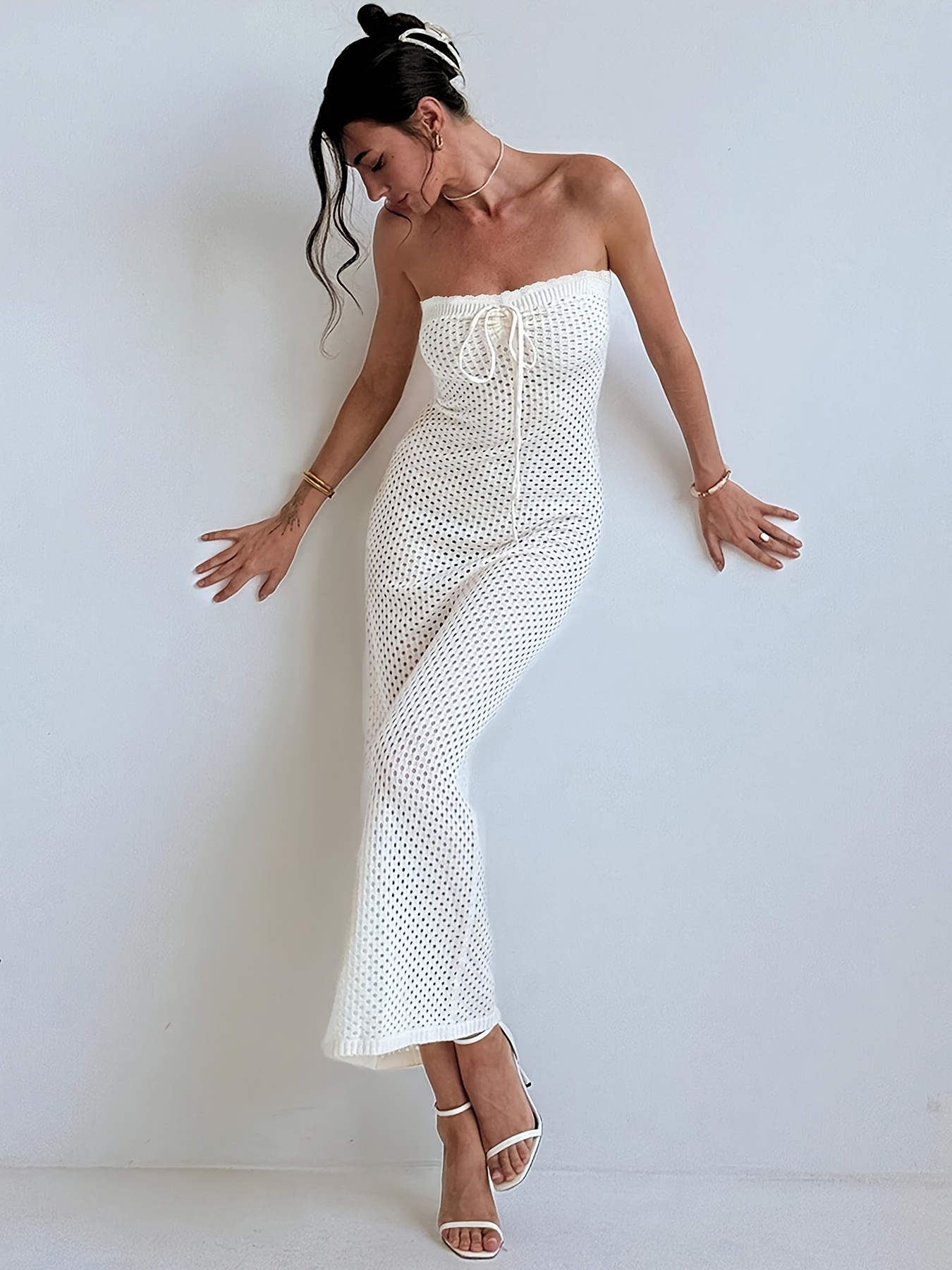 white strapless crochet maxi dress Neutral Striped Crochet Maxi Dress  Strapless Fit Small