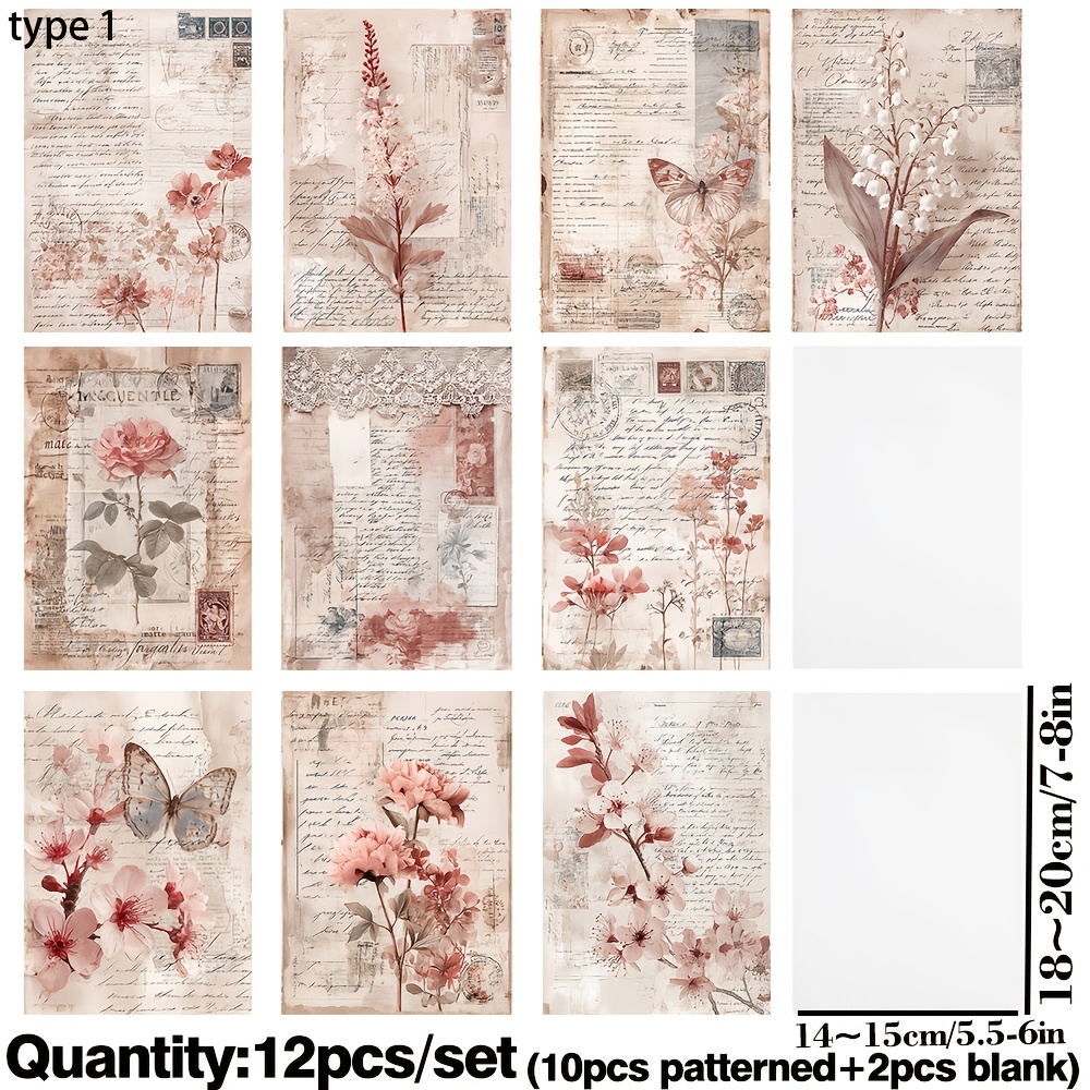 TEMU 12 Sheets Vintage Tracing Paper, Translucent High-end Craft Paper With Pink Floral Patterns, Series, 2d Flat Creative Handmade Stickers For Diy