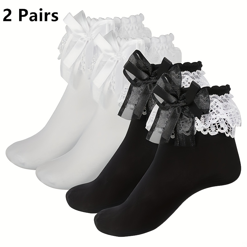 Image of Women's Ruffle Socks, Black White Fairy Lace Trim Ankle Ballet Frilly Socks For Women