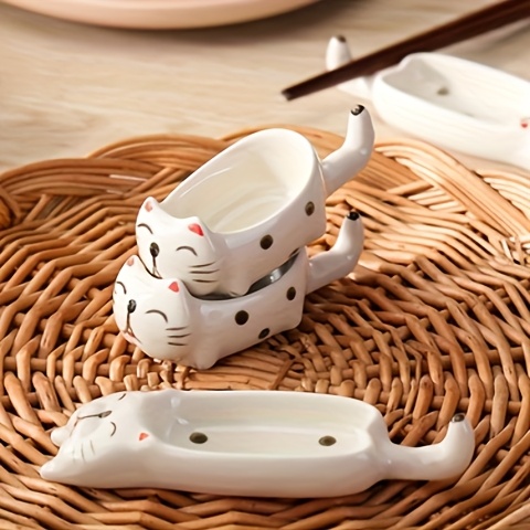 2pcs set cat ceramic   ceramic cute cat multifunctional seasoning plate chopstick holder snack dipping plate13 5 4 5cm 5 31 1 77in versatile   tableware suitable for appetizers desserts sushi sauce small plates Product details 1