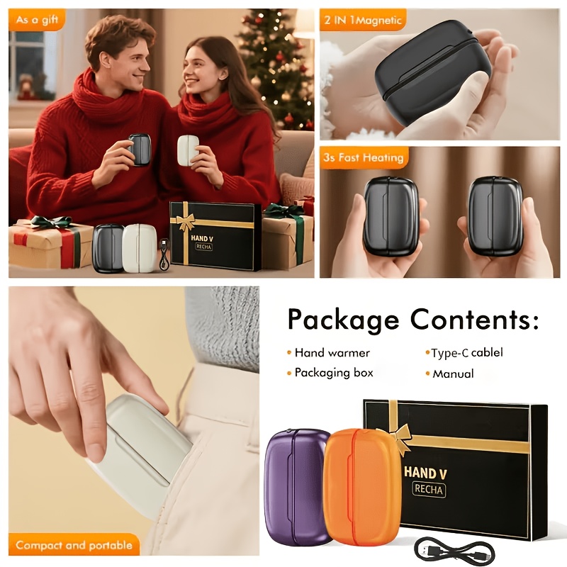 2-Pack Rechargeable Hand Warmers, Double-Sided Heating, Magnetic Hand Warmer 2-in-1, 10-Hour Warmth, Portable Pocket Hand Warmer, Reusable, Suitable for Office, Home, And Outdoors, Ideal Valentine's Day And Christmas Gift