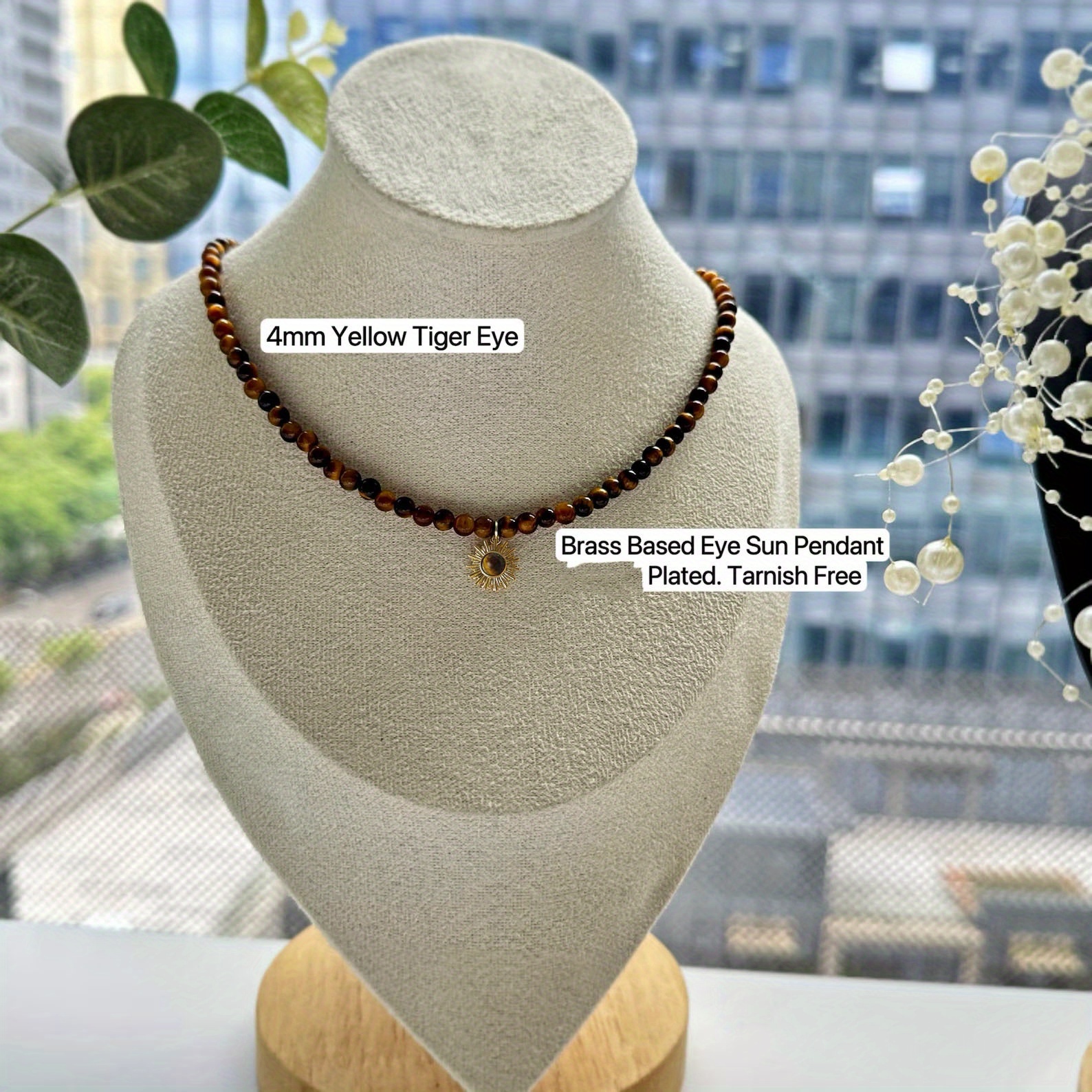 TEMU 1pc Vintage Minimalist Bead Necklace Featuring 4mm Tiger Eye Beads And A Sunflower Pendant, A Gift For Her