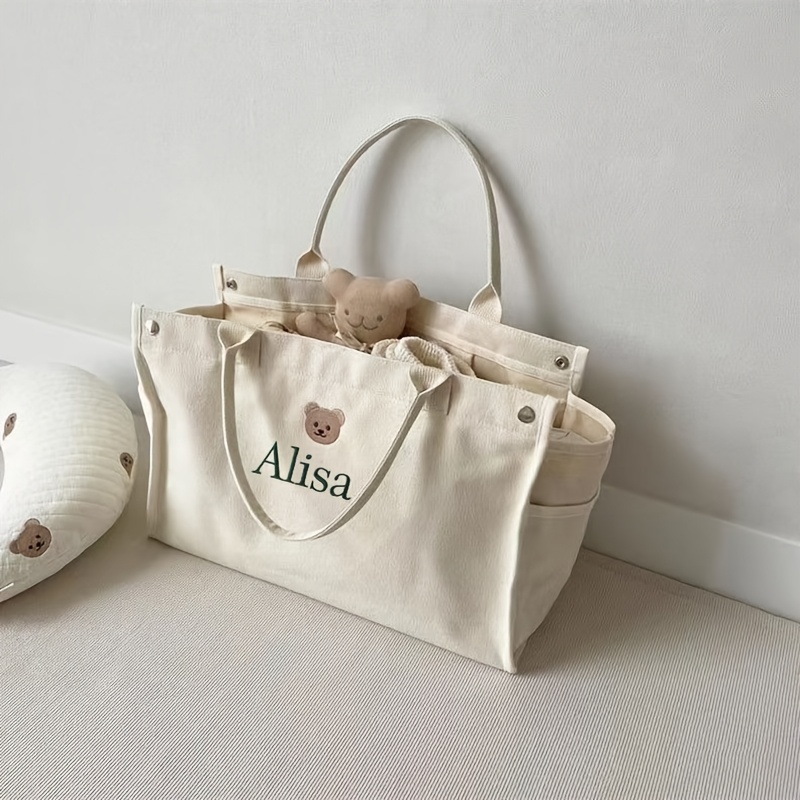 TEMU Personalized Embroidered Teddy Bear Tote Bag, Customizable Name Parent Bag Large Capacity Shoulder Bag, Perfect For With, Ideal For Parents And