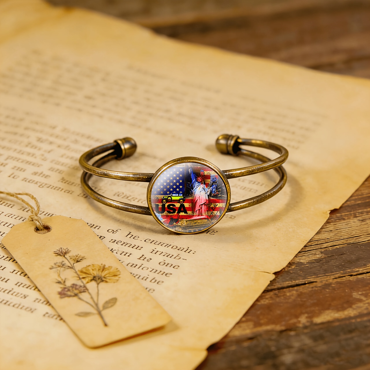 Antique Cyan Double-Layer Adjustable Bangle with Statue of Liberty Design