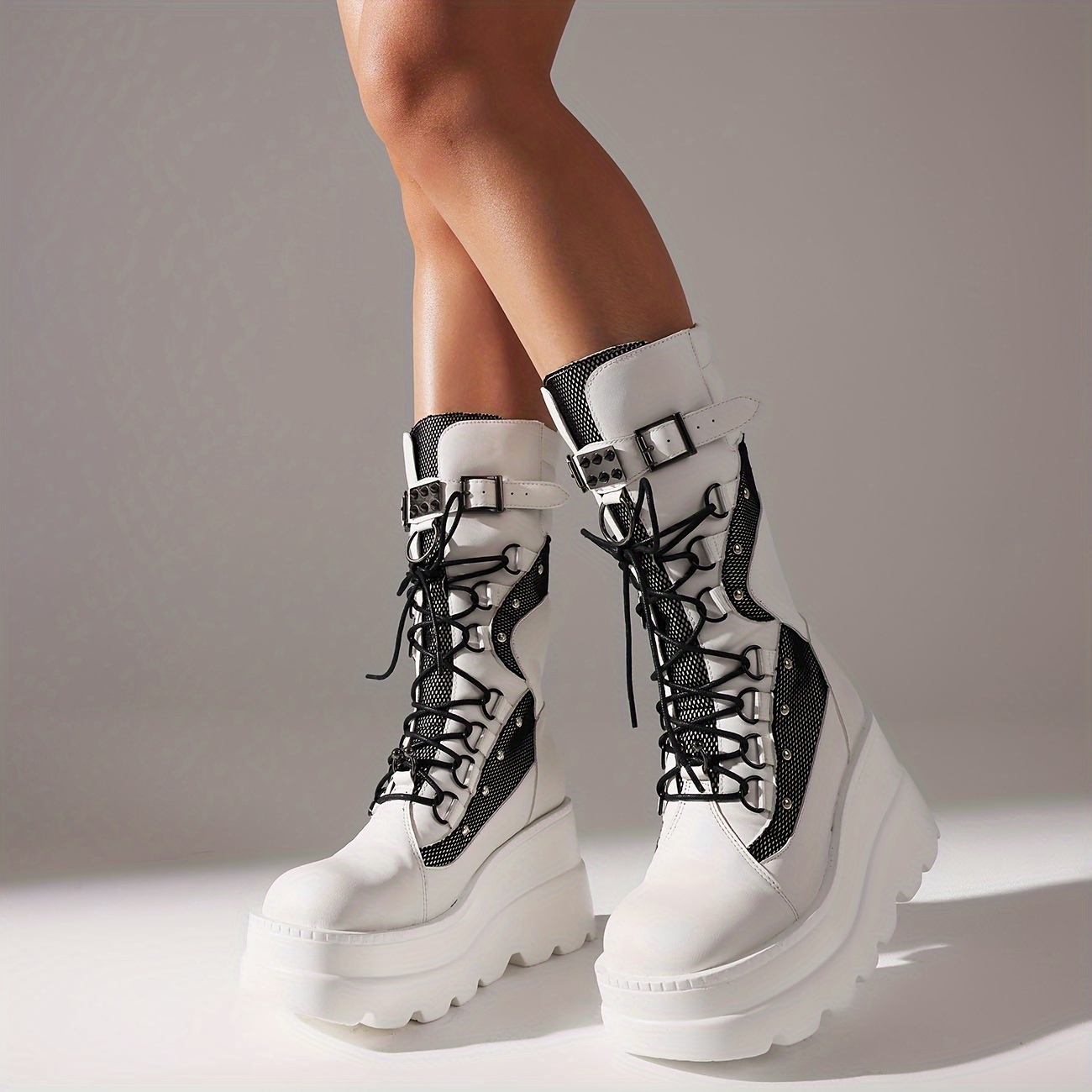 

Womens Holographic Platform Mid Calf Combat Boots Lace Up Wedge Heel Studded Goth Knee High Boots