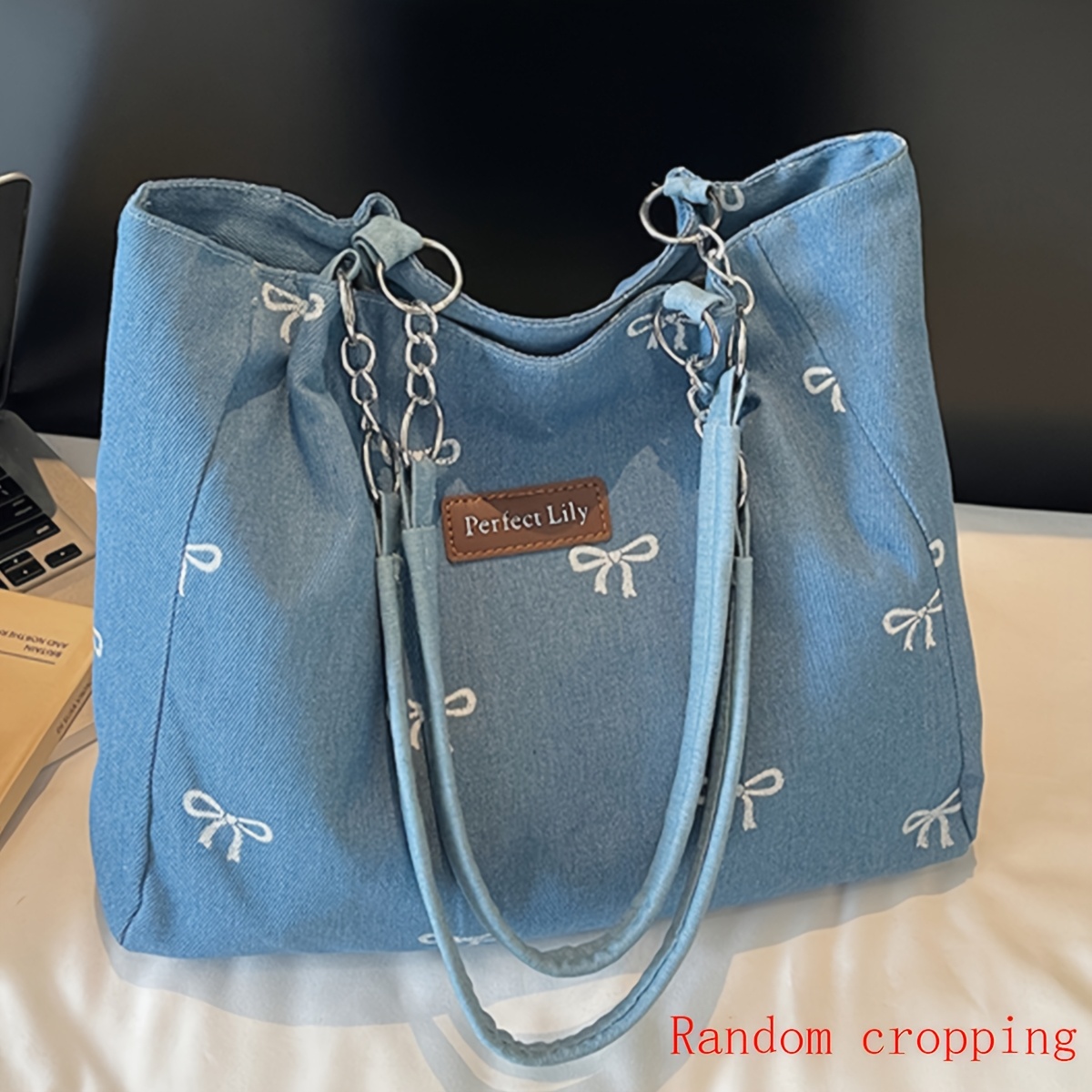 Image of [ Special] Perfect Lily Women's Trendy Shoulder Bag Bow Embroidery Fixed Chain Strap - Casual Fashion Handbag Shopping Bag Women's Tote Bag Phone Makeup Bag Daily Backpack [fabric Cut Pattern Random]