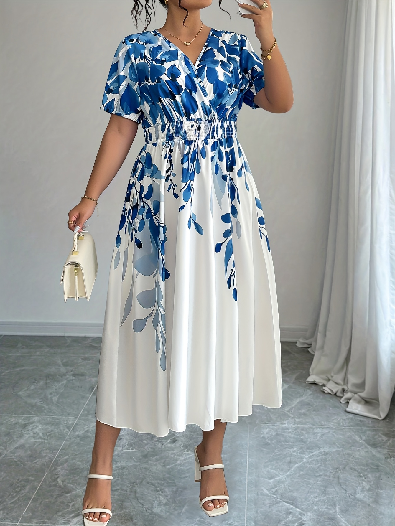 Plus Size Women'S Floral Print Dress Elegant V-Neck, Cinched Waist, Flowy  Skirt, Non-Stretch Fabric Spring/Summer/Fall, Floral Dress