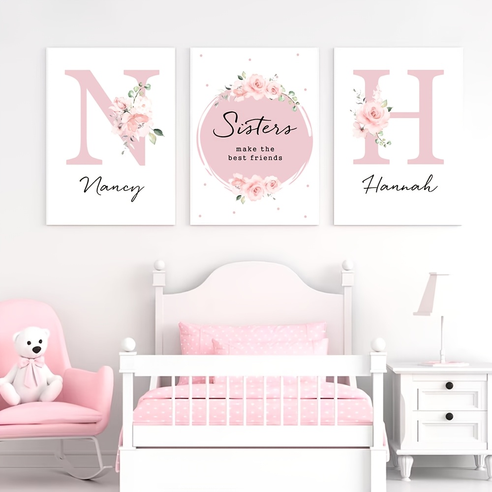 E-shop 3er-Set Rosa Blumen "Schwestern" Leinwanddrucke - Personalisierte Namenswanddekoration für Kinderzimmer, Schlafzimmer & Jugendzimmer, Moderner