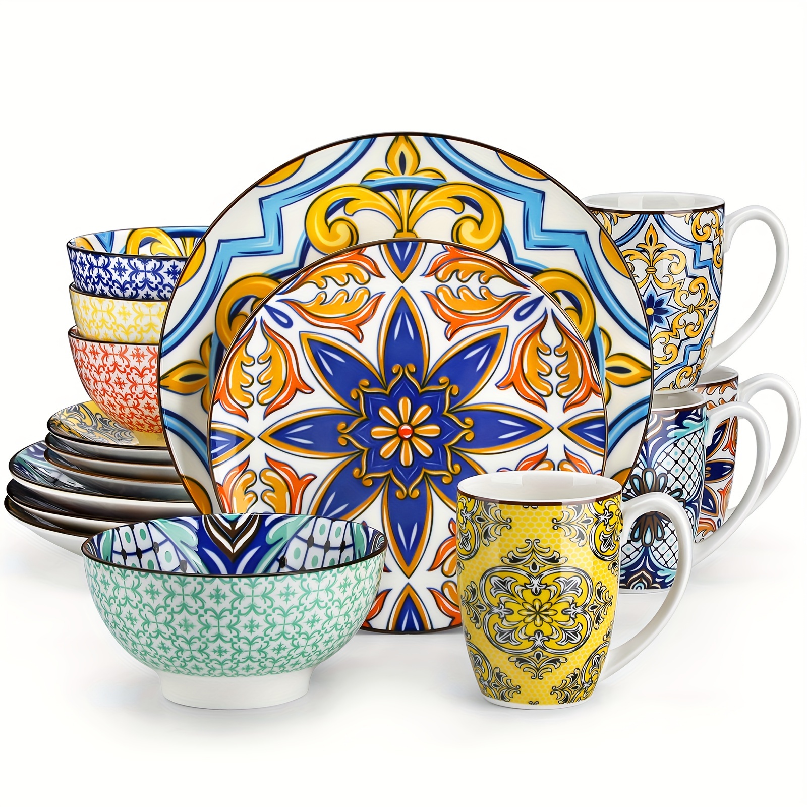E-shop 16-teiliges Porzellan-Essset im Boho-Stil, bestehend aus Teller, Dessertteller, Müslischüssel und Tasse