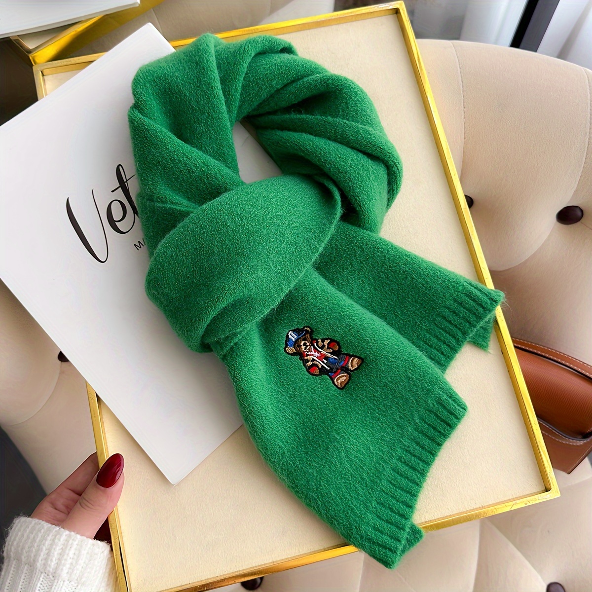 TEMU 1 Women's Autumn-winter Embroidered Scarf With Cute Bear Pattern, Simple And Warm, Essential For Winter