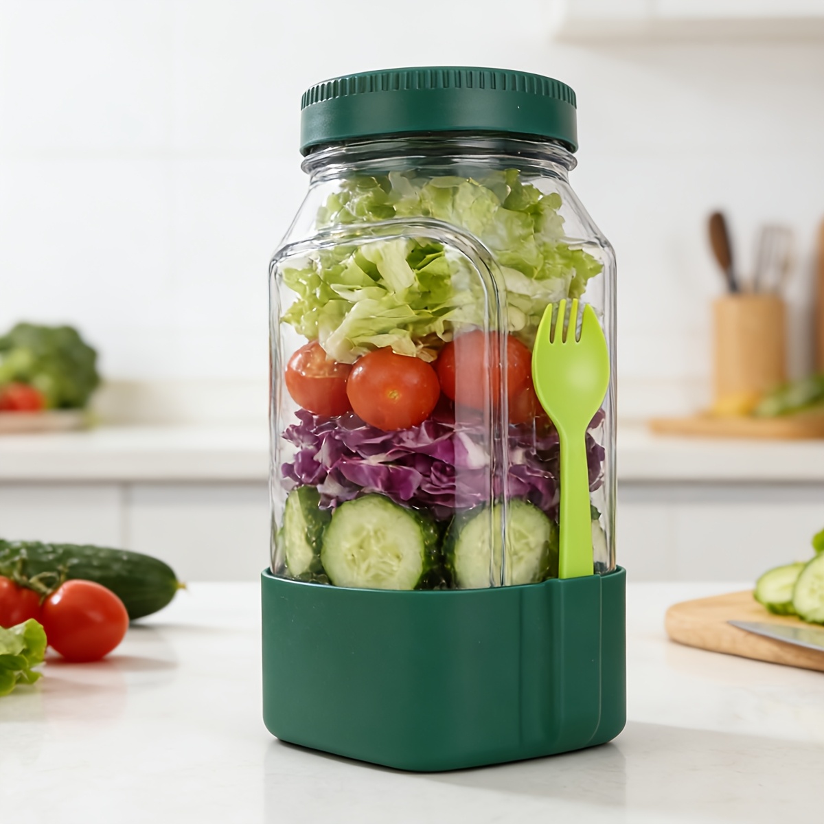 Image of Original Salad Pod With Fork, Side-open Salad Pod Jar, Portable Salad Container, Snack Box With Lid, Suitable For Home, Outdoor, Travel, And Party
