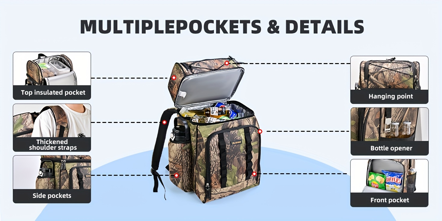 Camouflage Insulated Cooler Duffel Bag, 48 Cans Insulated Leak-proof Soft Cooler Bag, Large Capacity, Multi-pocket Lightweight Lunch Bag For Camping, Picnics And Traveling