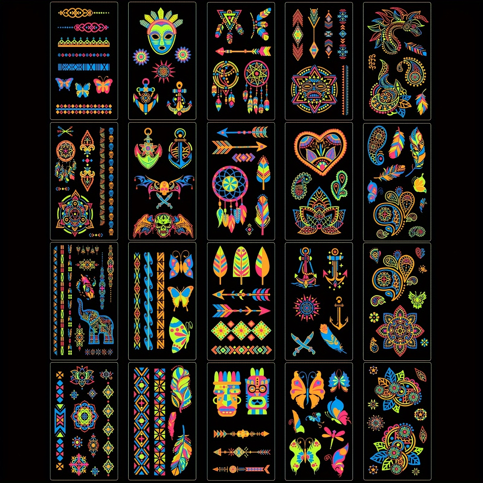 Image of Glow In The Dark & Uv Neon Temporary Tattoos - 20 Sheets Waterproof Body Stickers For Music Festival, Rave Party, Carnival | Art For Adults