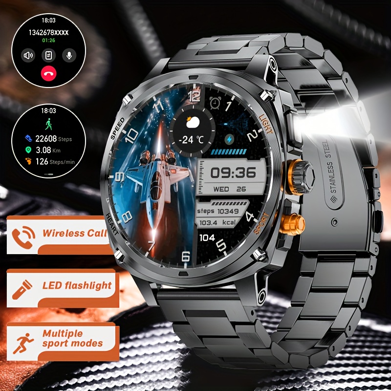 Montre Connectée Homme SIEMORL pour iPhone et Android avec Appels Bluetooth, Lampe LED, Écran AMOLED 1,75 Pouces, Résistante à l'Eau IP170,18cm, Batterie 800mAh, Suivi Sportif 100+ Activités